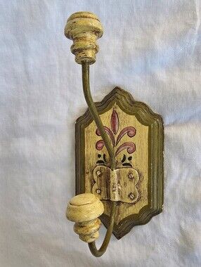 Vintage Hand Painted Wood Wall Hook Fleur de Lis Cottagecore Coat Hanger Rustic